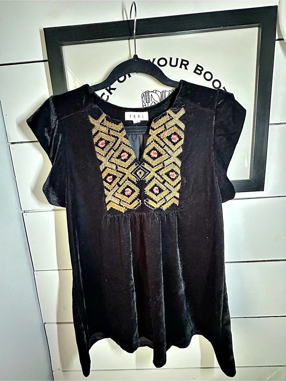 THML Black Velvet Embroidered Blouse Tunic Black & Gold Medium